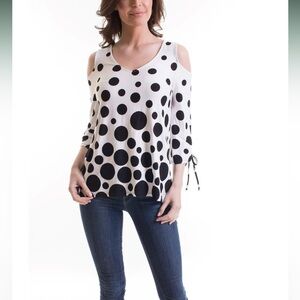 Vecceli Italy Cold Shoulder V-Neck Tunic White Black Dots Size S